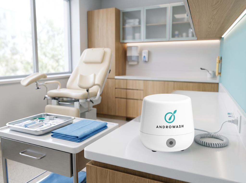 An Androwash device on a table in a bright, modern medical room or clinic.